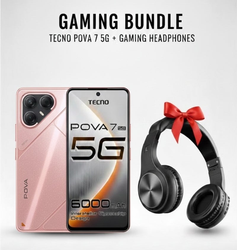 TECNO Pova 7  Dual SIM Stardust Pink 8GB 256GB 5G - Middle East Version & Riversong Audio L EA33 Wireless Headphones Black – Bluetooth 5.0, 10m Range, 2h Charging, 10h Playback, TF Card, FM Radio, Wired Headphones & 3.5mm Audio Cable, Stereo Sound Bundle - Image 1